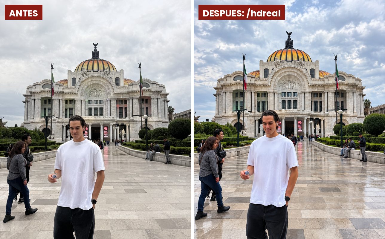 Antes y después del código /hdreal en ChatGPT