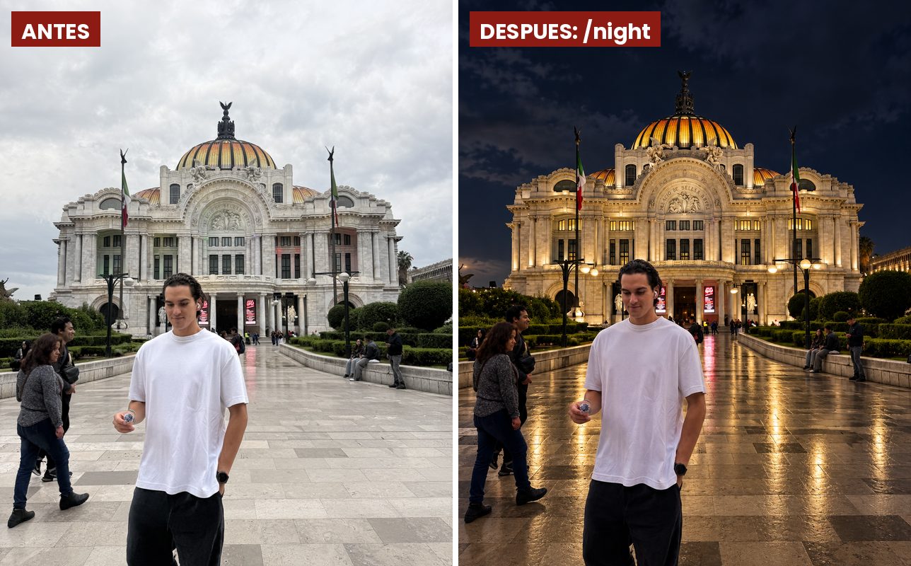 Antes y después del código /night en ChatGPT