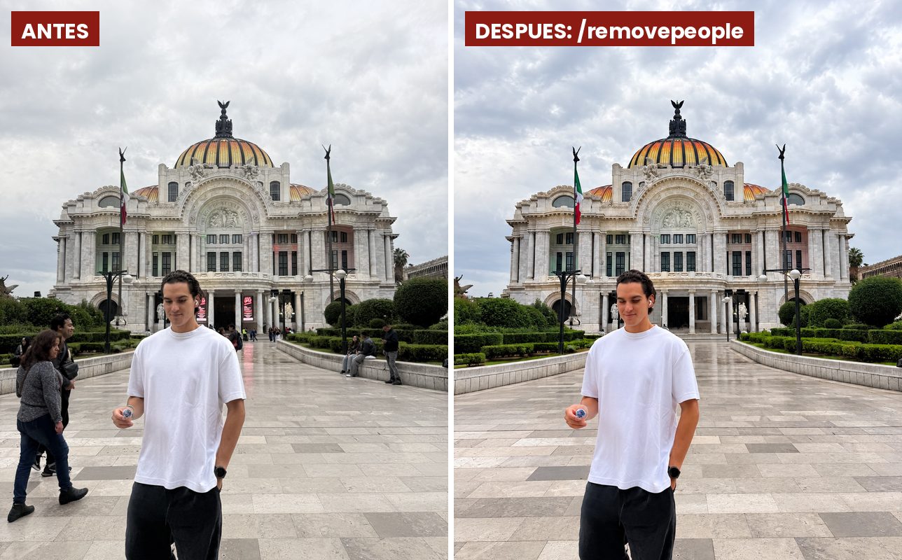 Antes y después del código /removepeople en ChatGPT